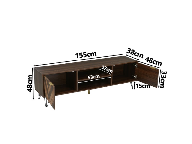  Meuble tv à 2 portes en placage et 2 compartiments- armoire tv de bois massif avec poignées dorées et pieds en fer-155x38x48cm  - Conforama D