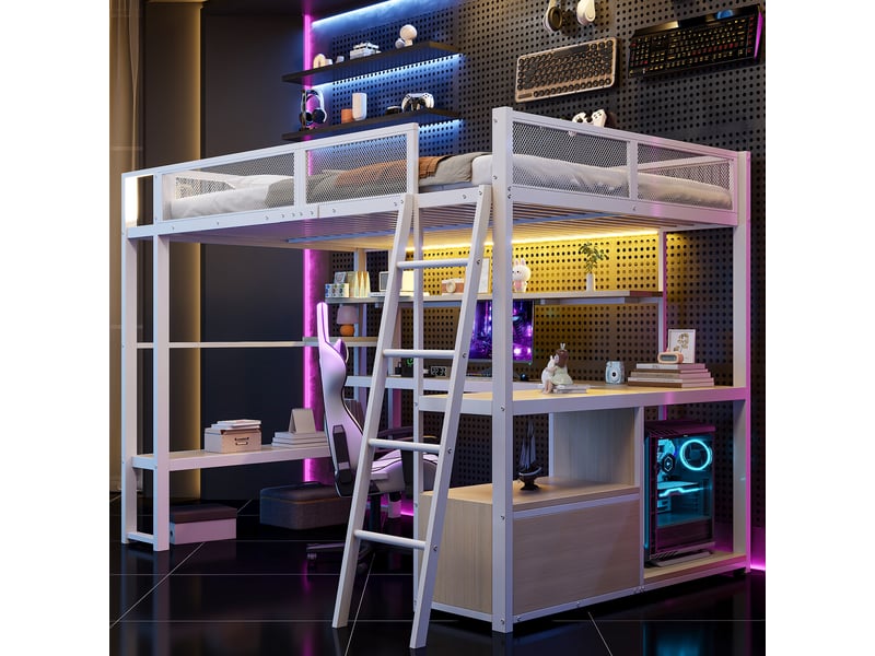  Lit mezzanine 140 x 200 cm, lit enfant surélevé, bureau intégré, étagères ouvertes, éclairage led, échelle, barrières de sécurité, métal, blanc Morn Vibe - Conforama D
