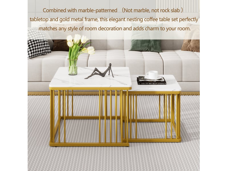  Tables basses gigognes carrées avec plateau effet marbre brillant, pieds dorés et pieds réglables pour salon  - Conforama E