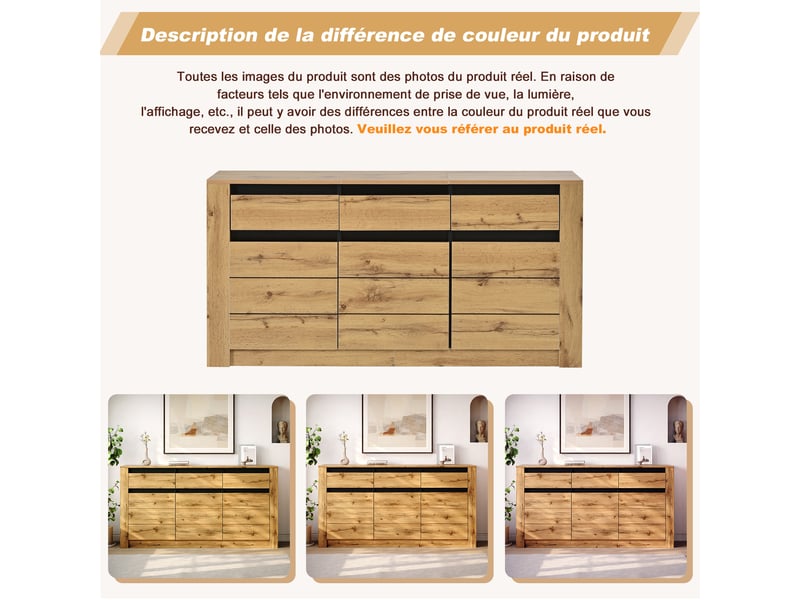  Buffet salon bois naturel 140 cm 3 portes 3 tiroirs  - Conforama D