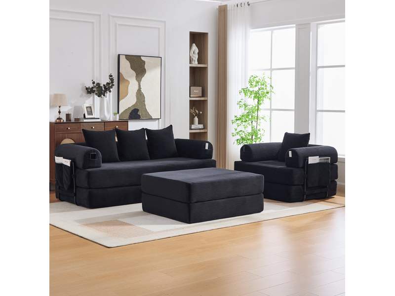  Canapé modulaire 4 places en velours côtelé noir avec pouf et fauteuil  - Conforama D