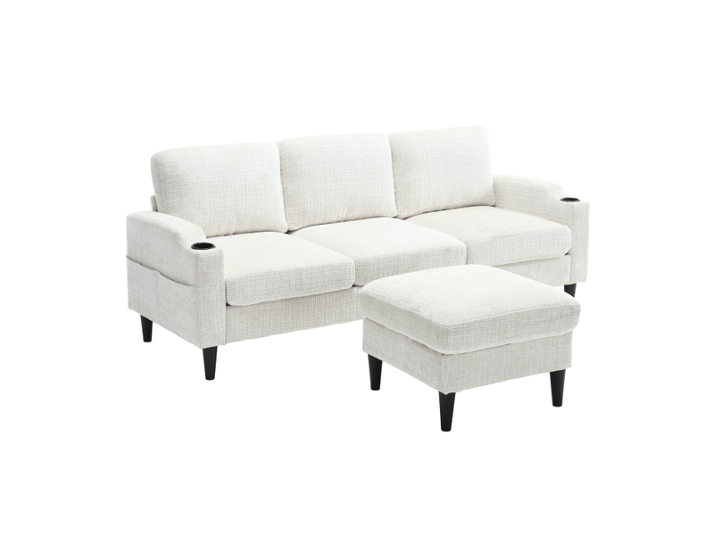  Canapé 4 places avec pouf revêtement en chenille douce 196,5 cm rangement et porte-gobelets  - Conforama A