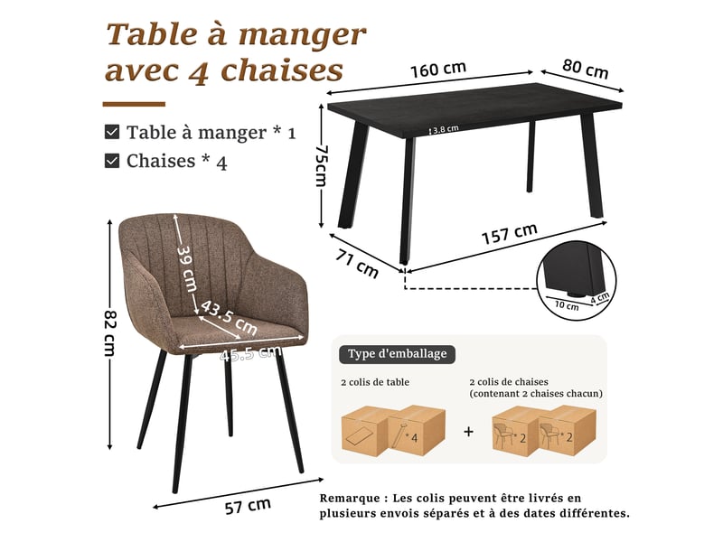 Ensemble table et 4 chaises - table rectangulaire 160x80 cm monobloc en chêne noir et pieds métal, 4 chaises en tissu marron moka et pieds métal - Conforama C