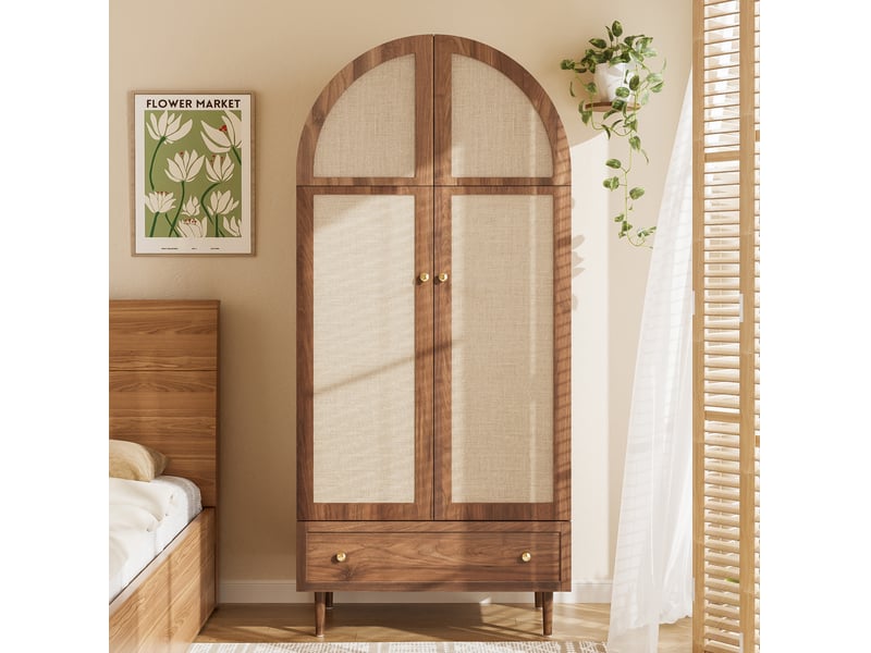  Armoire dressing penderie 79 x 50 x 175 cm portes tissu tiroir inférieur tringle large pieds massifs mdf noyer  - Conforama R