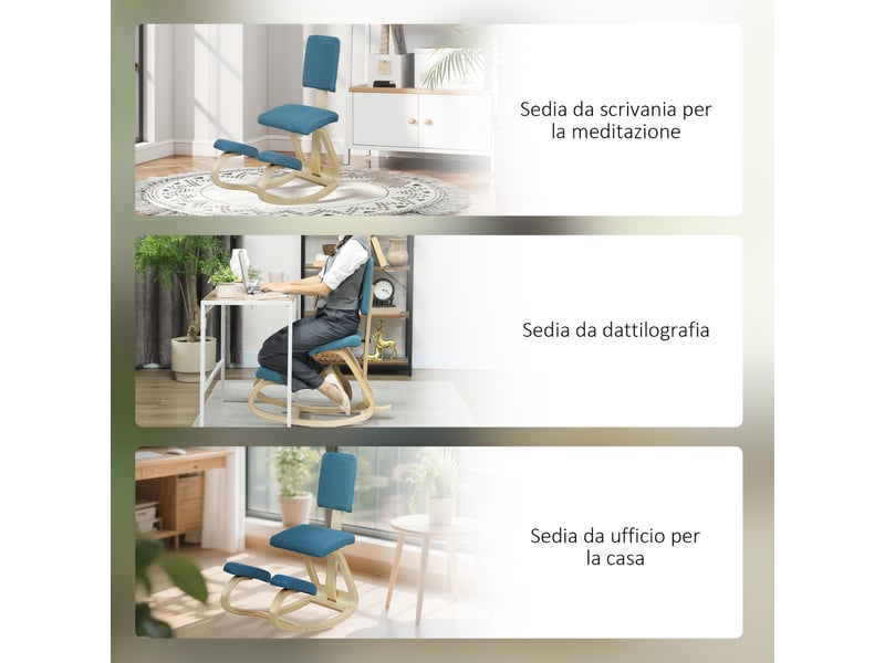  Chaise ergonomique à genoux basculante avec dossier, tissu bleu et bois clair 51x84x93 cm  - Conforama W