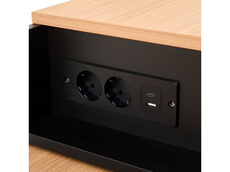 Îlot de cuisine table haute extensible rangement intégré buffet de cuisine prise électrique intégrée ports usb-a et usb-c accueil de 2 à 4 personnes finition noire style moderne - Conforama D
