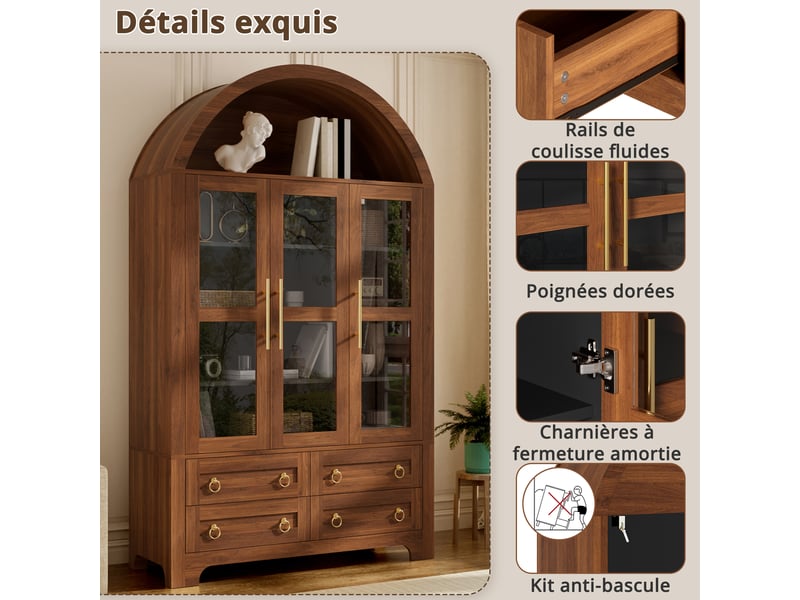 Buffet haut 110x40x185 cm avec 3 portes vitrées, 4 tiroirs et niche ouverte arrondie, meuble rangement salon mdf - noyer - Conforama E