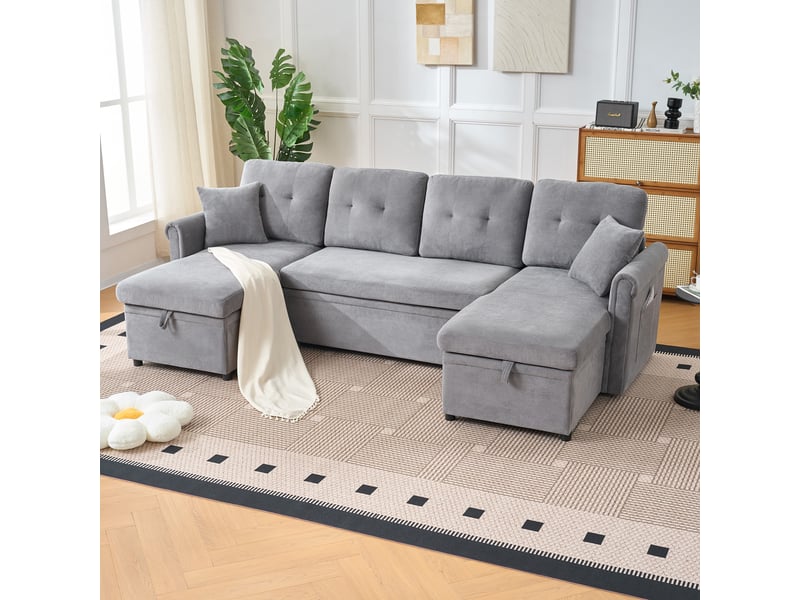 Canapé d’angle convertible en u gris en chenille, 4 places avec coffre de rangement et couchage pour salon ou chambre d’amis - Conforama R