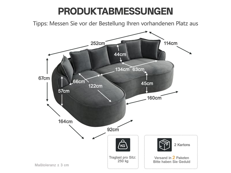  Canapé d'angle, canapé cloud : gris, en chenille, avec méridienne, sans montage, sans cadre, coussins inclus, style cloud, assise profonde  - Conforama D
