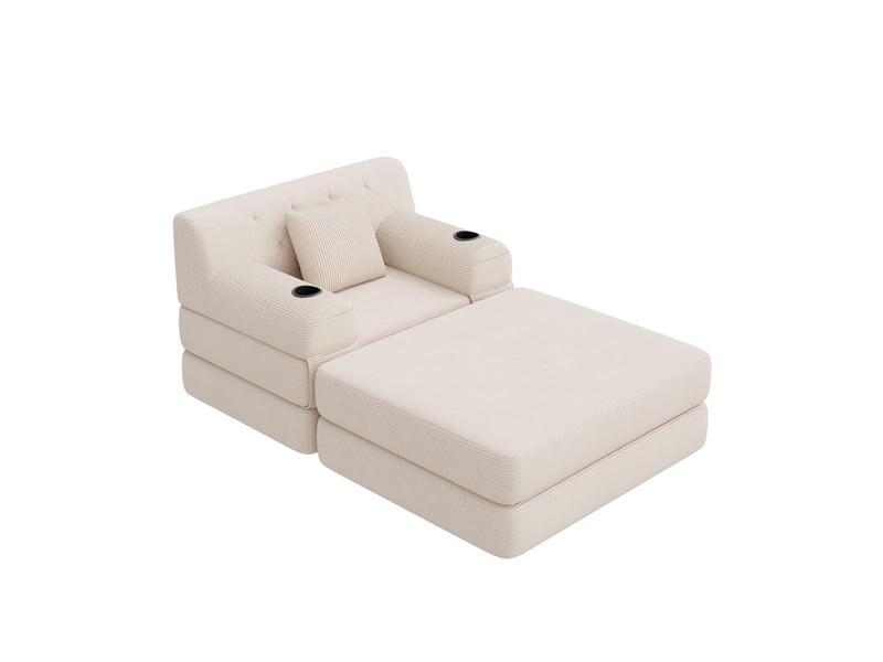 Canapé compressé convertible 1 place avec pouf, 4 poches et 2 porte-gobelets, en velours côtelé beige - Conforama A