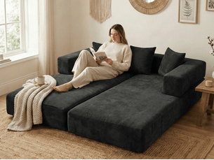 Kaleido 1.0 - canapé modulable en chenille noir - canapé convertible en plusieurs formes - 3 coussins inclus - parfait pour salon, chambre et bureau