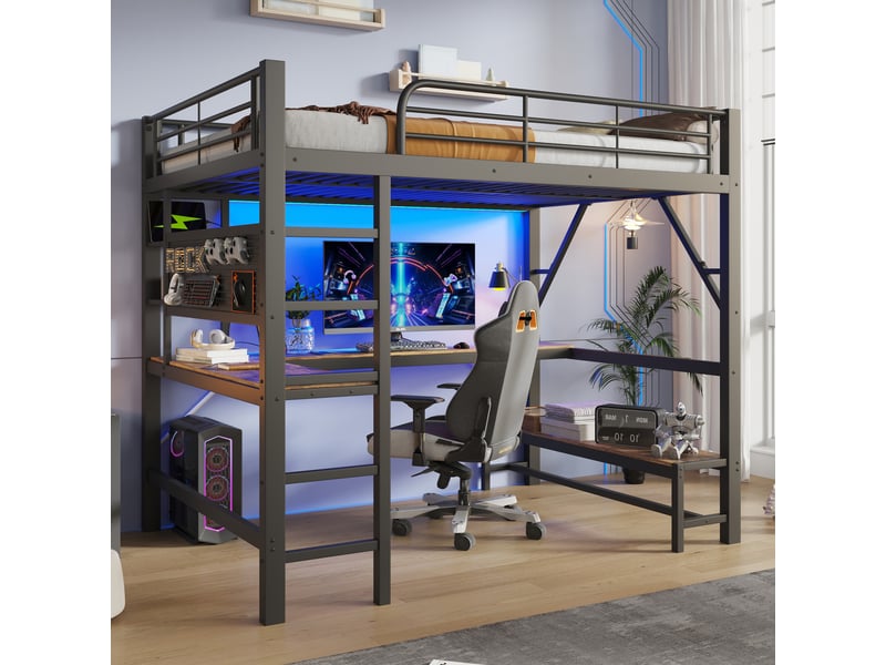  Lit mezzanine 160 x 200 cm avec bureau, led, prises usbtype-c et étagères, lit double en métal noir avec panneau perforé et garde-corps  - Conforama C