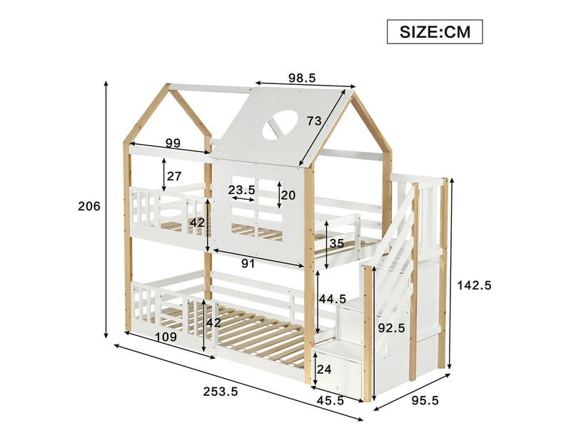  Lit superposé enfant avec escalier de rangement blanc et naturel 90 x 200 cm  - Conforama E