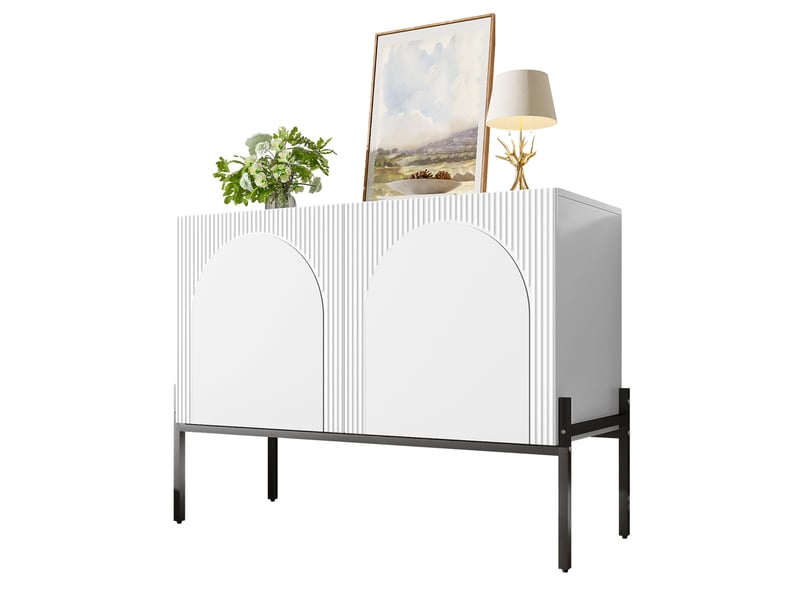 Buffet 2 portes avec rangement, pieds en métal, lignes arquées et rainures pour salon, blanc, 100 × 40 × 75 cm - Conforama A