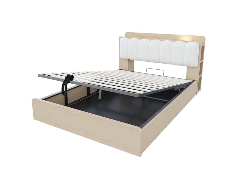  Lit coffre 140x200 cm, lit double, rangement hydraulique, étagères, port usb, tête de lit rembourrée, veilleuse, bois naturel  - Conforama B