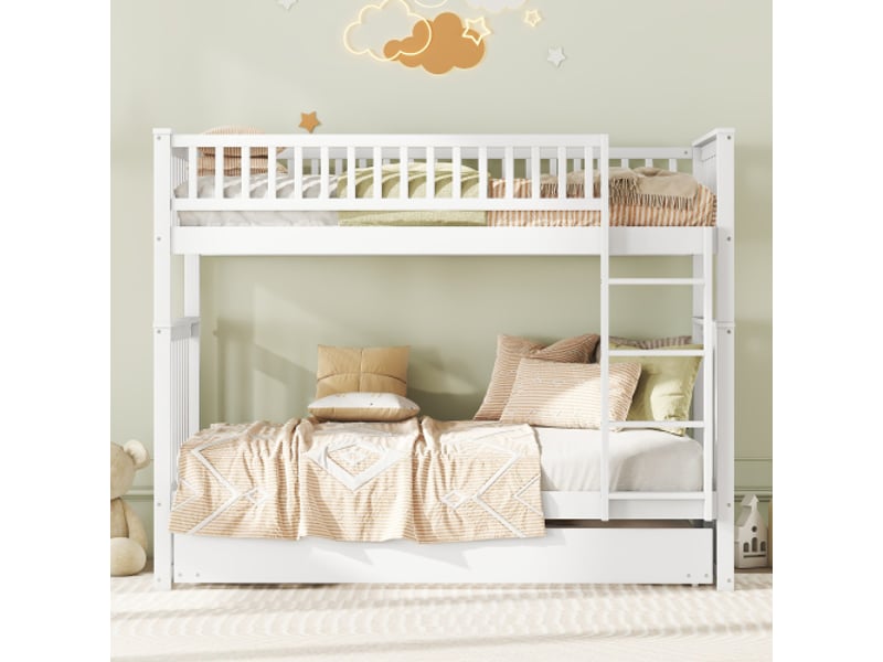  Lit superpose avec rangement 90×200 cm blanc pour enfant, lit extractible, barrières hautes et escalier stable  - Conforama D