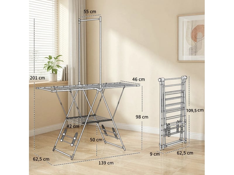  Étendoir à linge pliable en acier inoxydable, ailes réglables sur 5 niveaux, argenté  - Conforama E