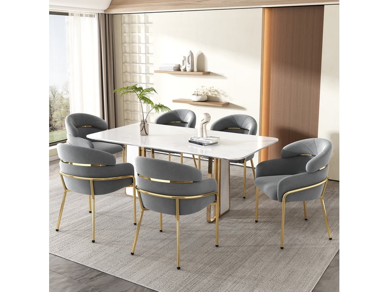  Chaise de salle à manger lot de 6 avec accoudoirs et dossier incurvé, style moderne, en velours et métal gris  - Conforama B