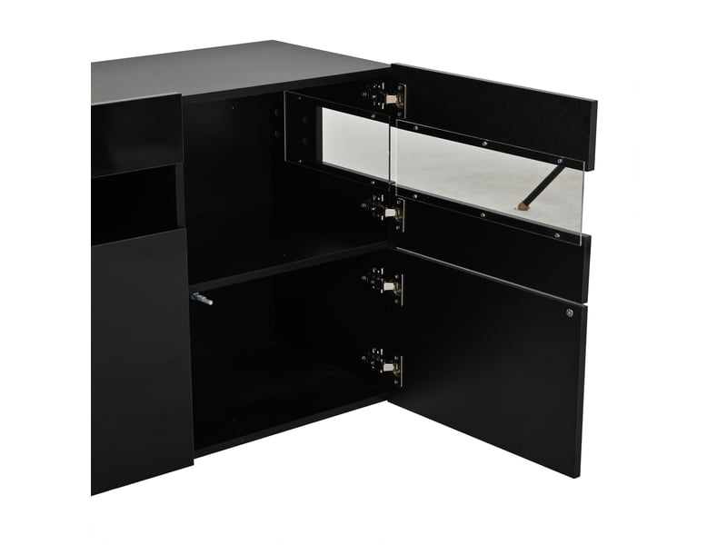 Buffet noir 140x40,5x66,5 cm avec 3 portes, led et façade acrylique transparente - Conforama D