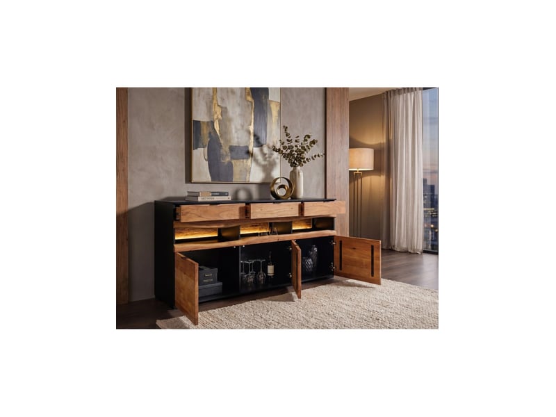  Buffet nairobi 180 cm en bois d'acacia marron et noir – 3 portes, 3 tiroirs et led intégrée  - Conforama E