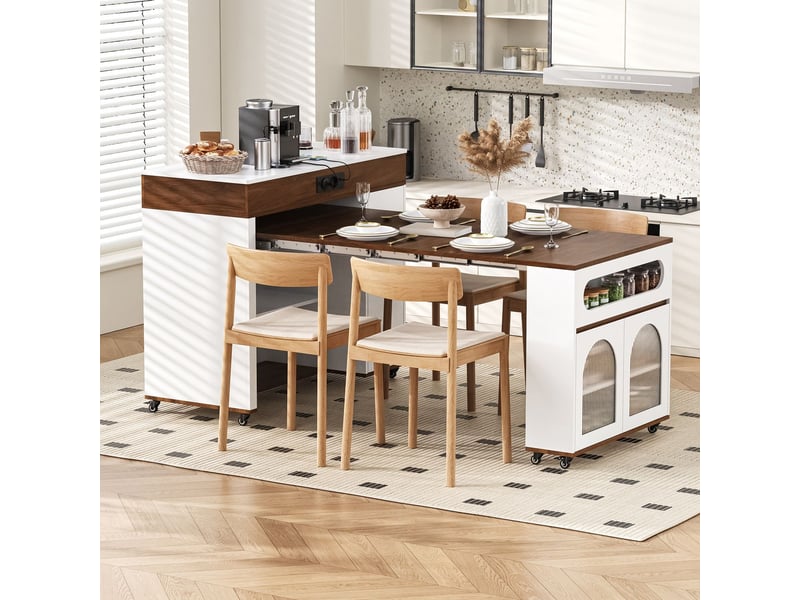  Table extensible table de salle à manger plateau en verre strié roulettes barres de prises tiroir meuble buffet blanc et couleur noyer  - Conforama A
