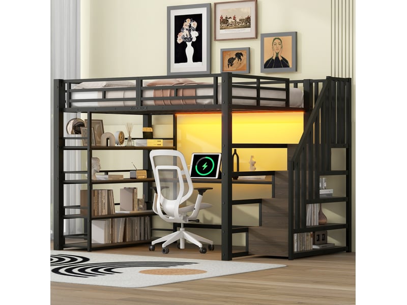 Lit mezzanine 140x200 cm en métal avec bureau, rangements, led et usb noir - Conforama D