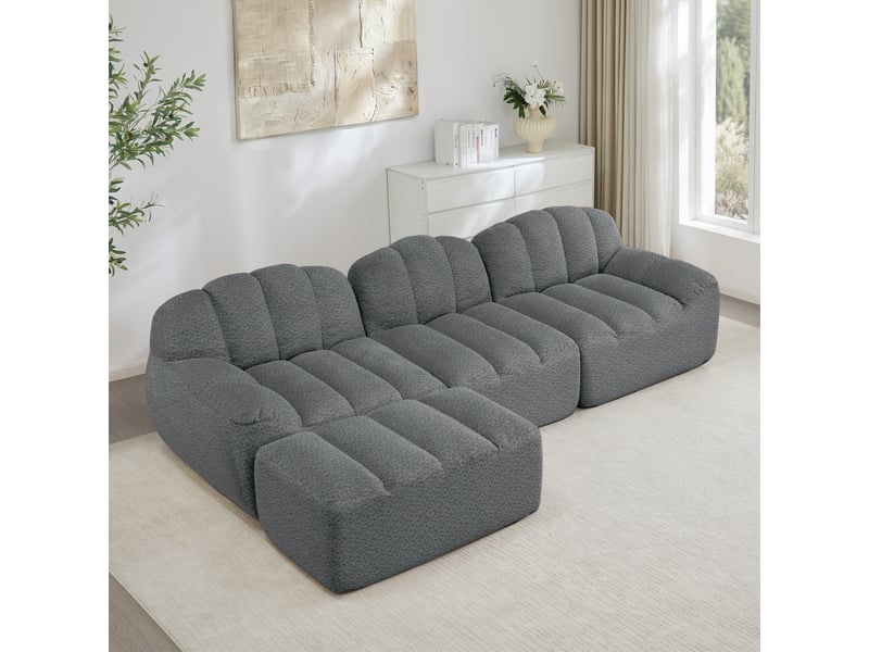 Canapé modulable en l 3 places 288x165x79 cm, polaire granuleux, mousse 32d, avec pouf, gris - Conforama B