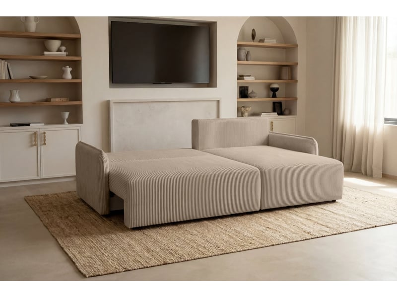  Sacha - canapé d'angle convertible petit velours côtelé 3 places café  - Conforama E