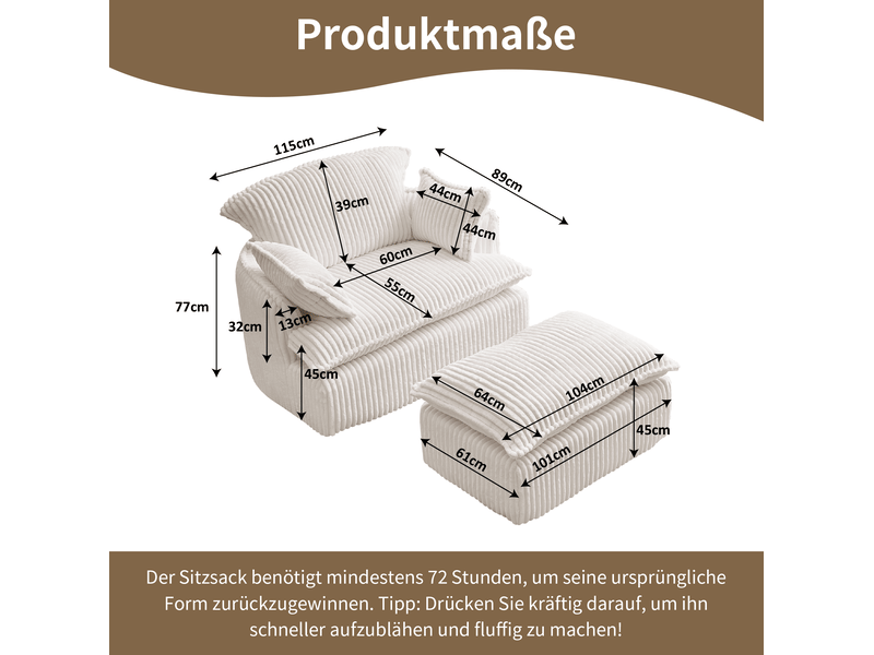  Fauteuil cloud compressé en velours côtelé beige avec pouf, confort modulable pour petits espaces et salon  - Conforama C
