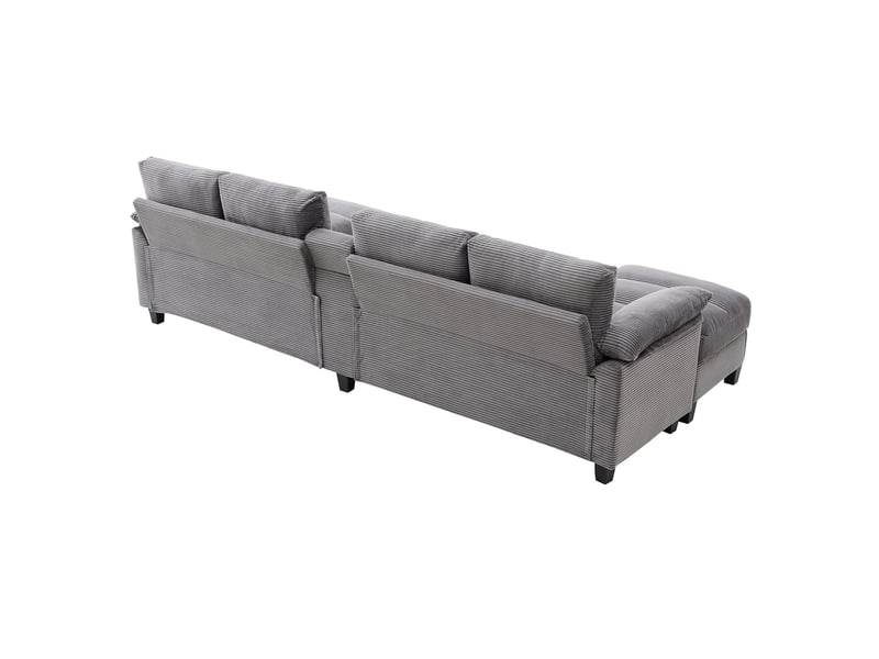  Canapé en u 4 places en velours côtelé gris avec rangement dissimulé et porte-gobelets en acier inoxydable  - Conforama R