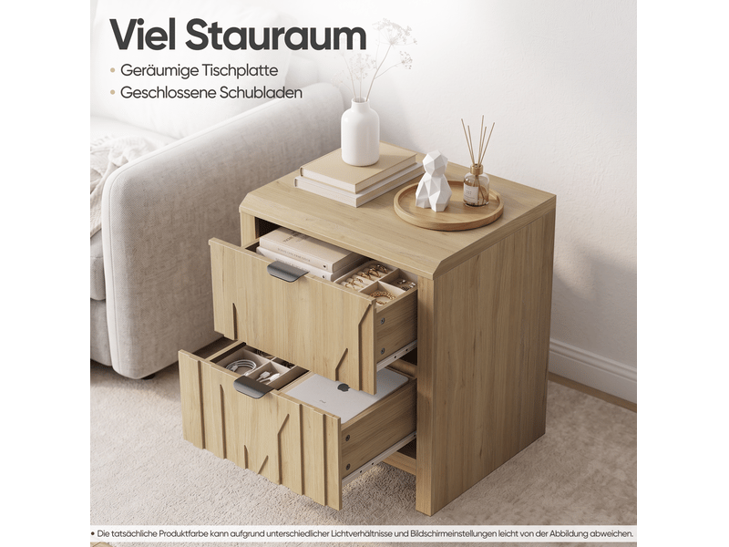  Table de chevet 2 tiroirs 48x40x55,5 cm, style moderne, poignées métal, mdf et panneaux de particules, chêne clair  - Conforama E