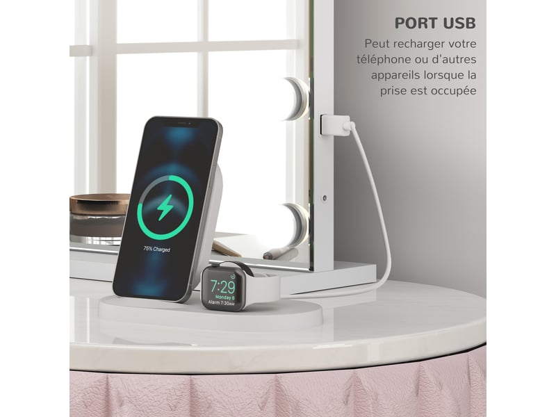  Miroir de maquillage lumineux led avec intensité réglable, grossissant, recharge usb, dimensions 80 x 62 cm  - Conforama E