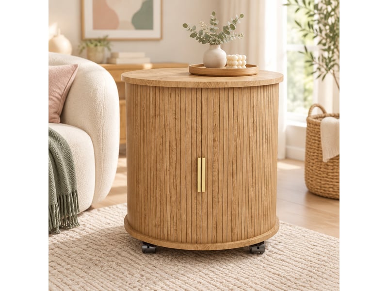  Table de chevet cylindrique aspect chêne avec prise, 2 ports usb et rangement, 60 x 60 x 60 cm  - Conforama B