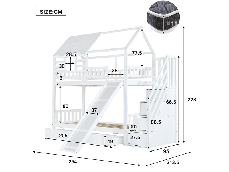 Lit superposé 90x200cm - avec toboggan et tiroirs - lit superposé enfant - forme cabane, escalier rangement, pin massif, blanc - Conforama C