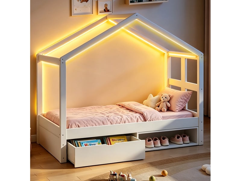  Modenvie lit cabane 90x190 cm - rangement avec tiroir, eclairage led multicolore, sommier inclus - blanc  - Conforama B