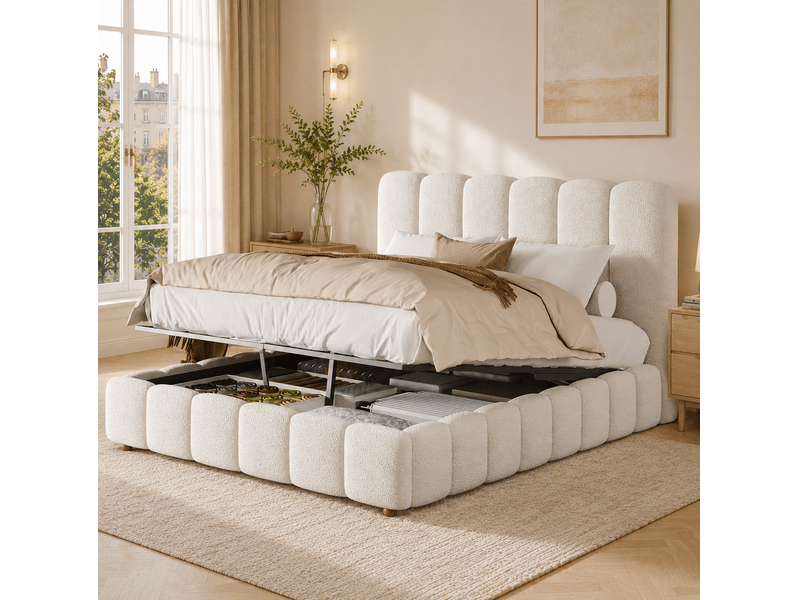  Lit coffre 2 places 140x200 cm en tissu bouclette blanc, sommier inclus et tête de lit rembourrée, sans matelas  - Conforama B