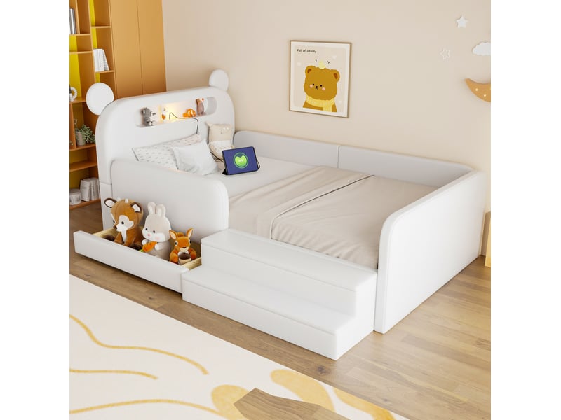  Lit enfant simple 90 × 200 cm avec veilleuse, usb, rangement et assise à marches, sans matelas, blanc  - Conforama B