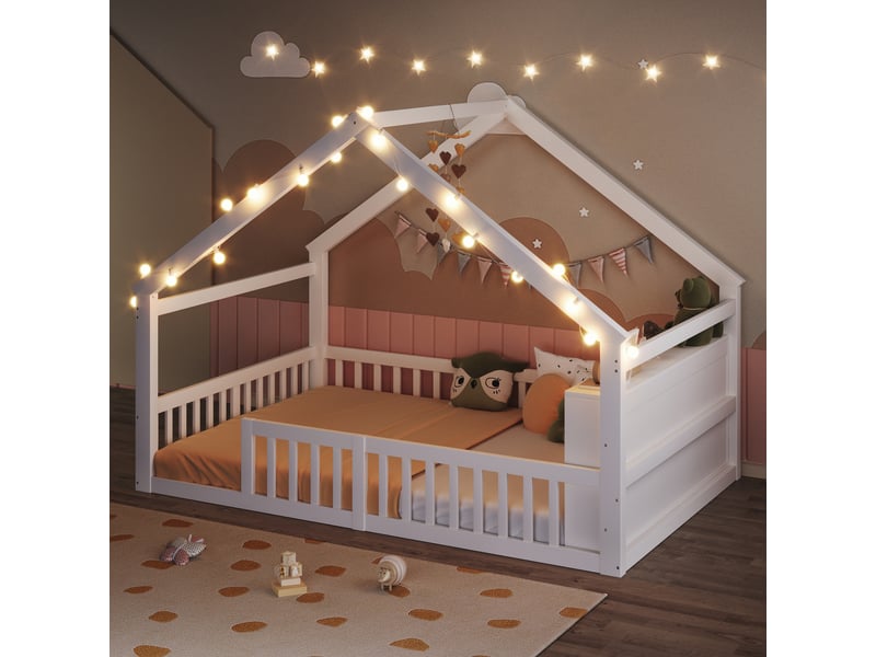 Lit cabane enfant 140x190 cm en bois de pin blanc avec barrières de sécurité et étagères, design minimaliste (sans matelas)  - Conforama D