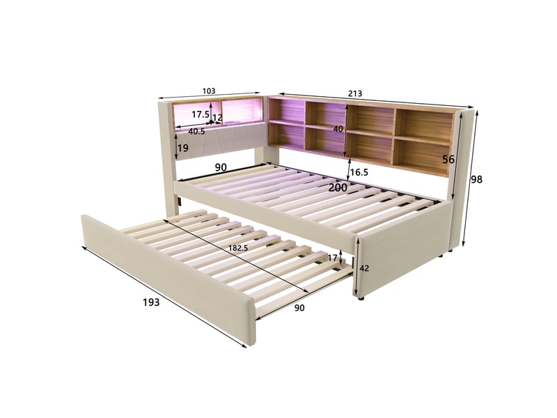 Lit gigogne 90x200 cm avec led, prises et rangements, flanelle beige - Conforama E