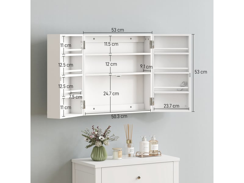 Armoire à pharmacie avec 3 étagères internes et 8 porte-flacons, en bois et métal, 53 x 20 x 53 cm, blanche  - Conforama E