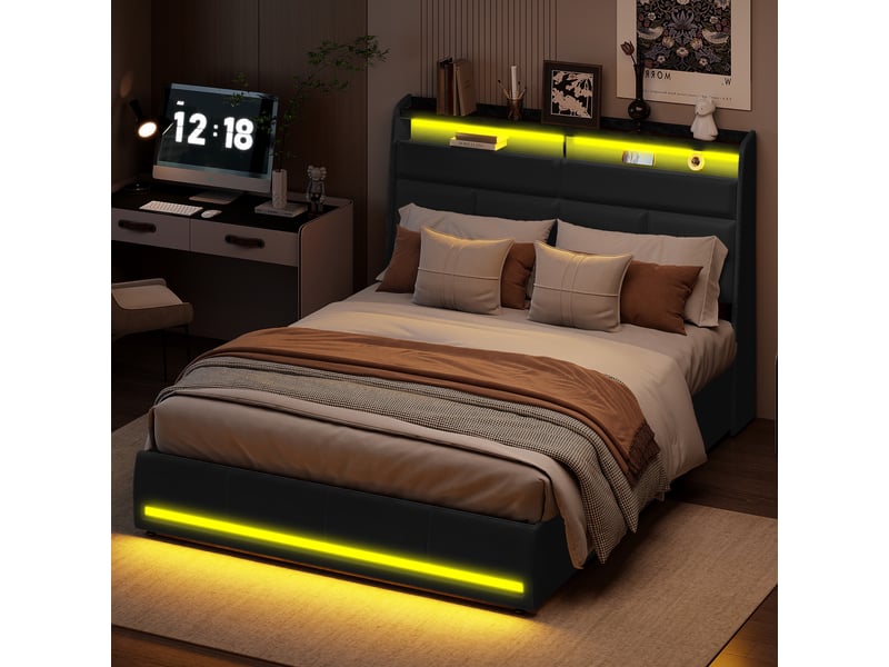 Lit coffre 160x200 cm - lit double 160x200 - rembourré en simili cuir pu, éclairage led tête et pied de lit, sommier - noir  - Conforama B