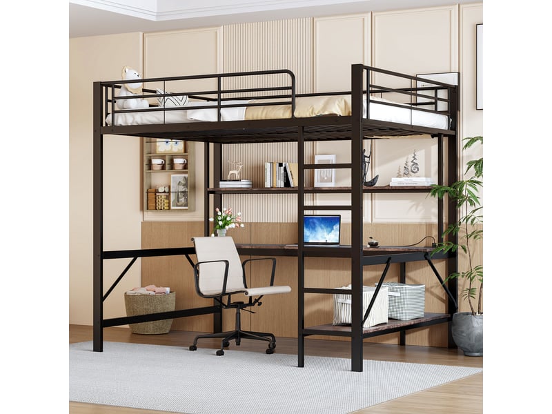  Lit mezzanine 140*200 cm, structure en métal, éclairage led, bureau, port usb, échelle, barrière, sans matelas, noir  - Conforama E