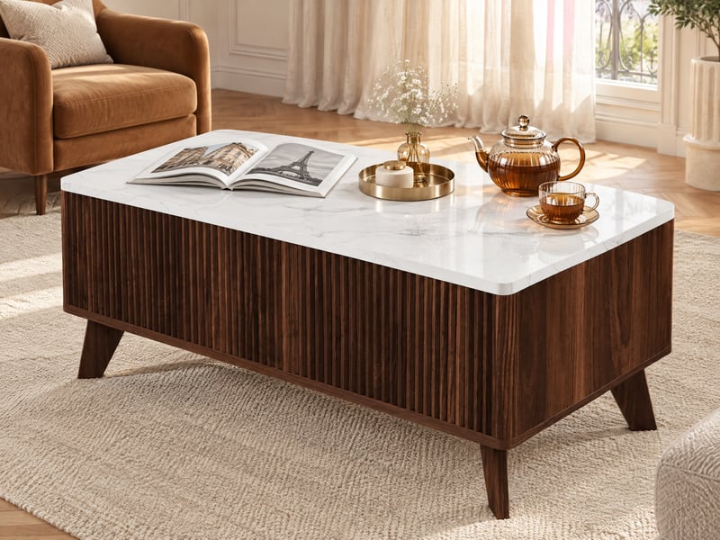 Table basse relevable salon avec rangement caché- plateau imitation marbre - panneaux cannelés verticaux - compartiment de stockage - table basse multifonction - style scandinave mid-century - noyer - Conforama B