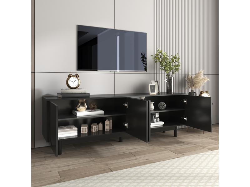  Meuble tv modenvie noir 175 x 38 x 56 cm à 4 portes avec étagères réglables  - Conforama D
