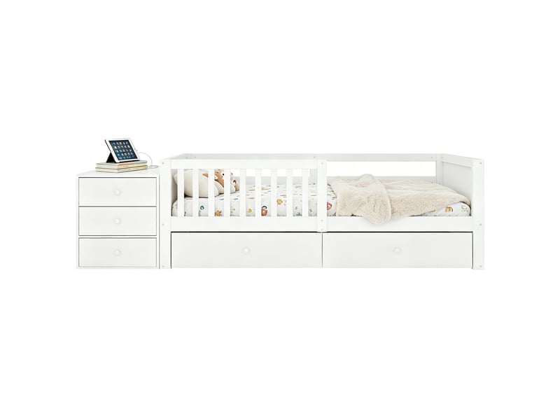  Lit enfant multifonctionnel 90x200 cm - lit simple avec rangement, 2 tiroirs, étagères, bureau, led et prise - blanc  - Conforama A