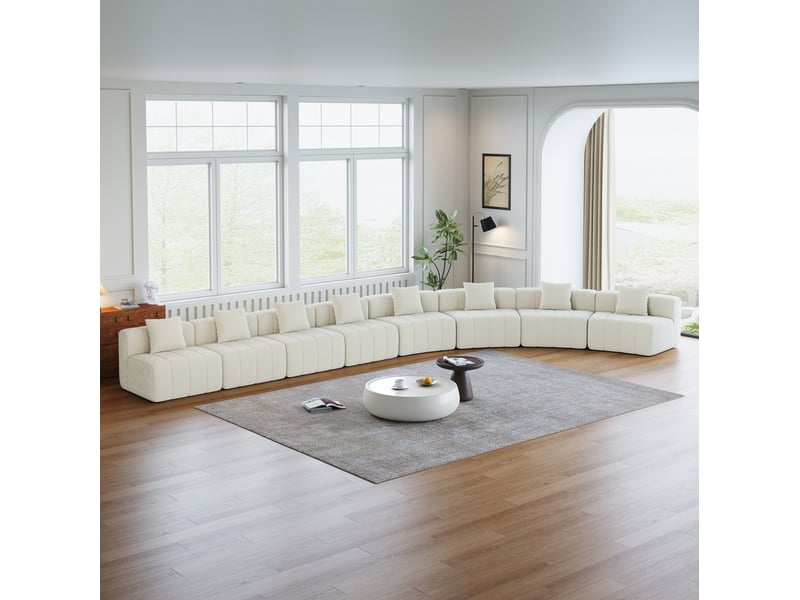  Canapé modulaire incurvé 8 places avec 2 coussins et assise style touches de piano en chenille beige, 388 × 83,8 × 73,6 cm  - Conforama D
