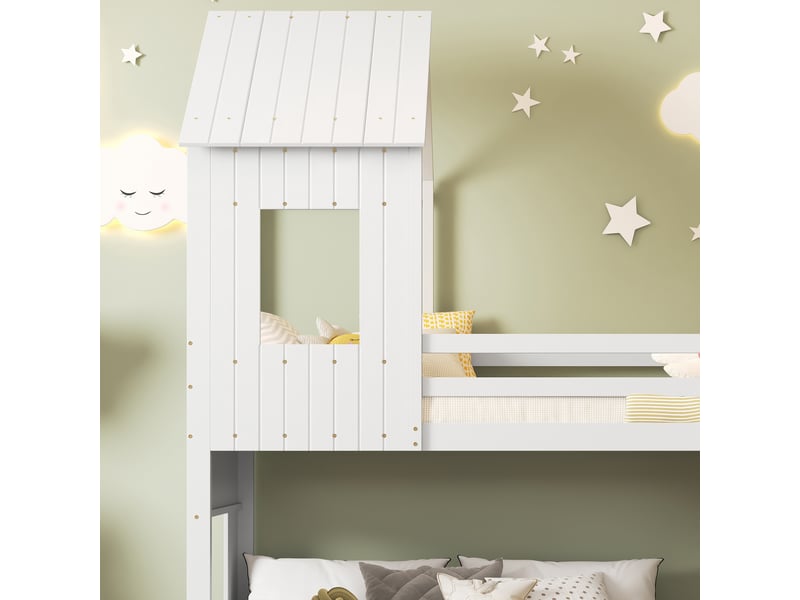 Lit superposé 3 places en pin et mdf avec toboggan, échelle et barrière, 200x90 et 200x140 cm, sans matelas - Conforama E