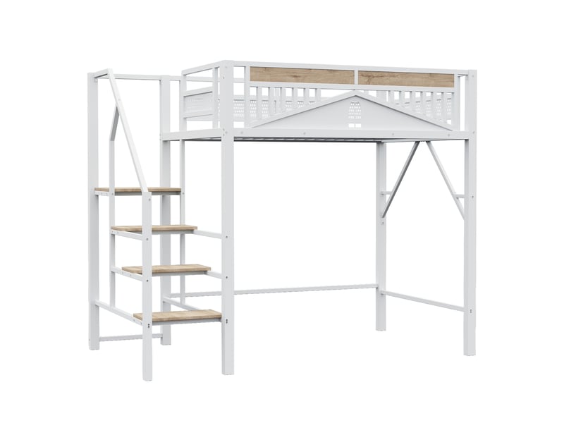 Lit mezzanine avec barrière à fenêtre, métal blanc, 140x200 cm, échelle sécurisée et grand espace dessous - Conforama D