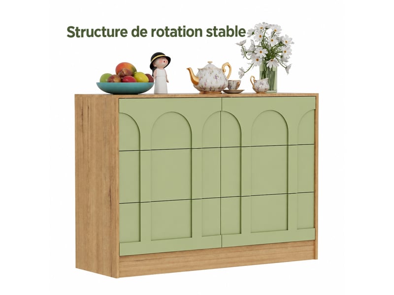  Commode verte 6 tiroirs à motifs arches, poignées dissimulées, décor bois clair, 100 x 34 x 72 cm  - Conforama A