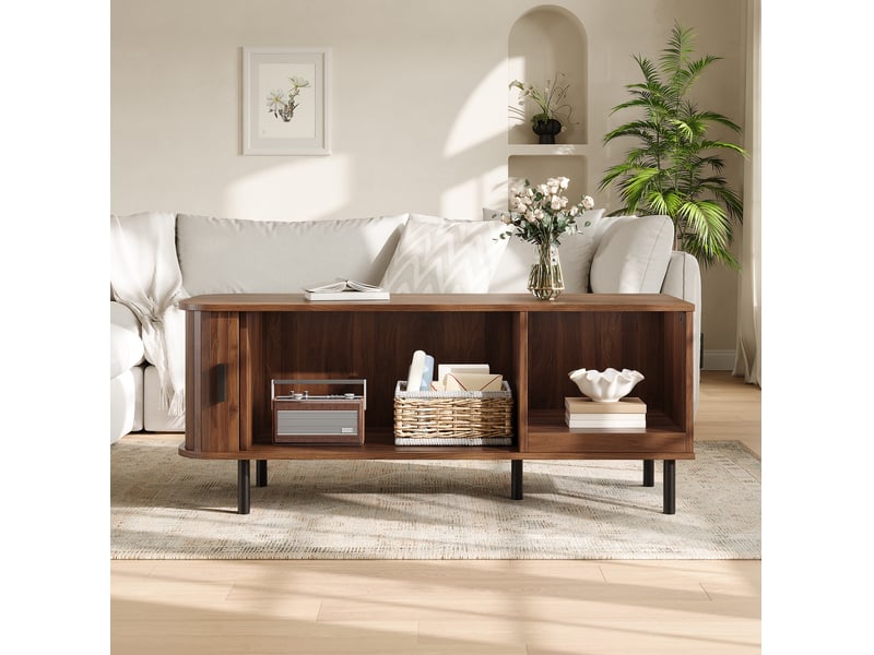 Table basse avec porte coulissante, niche ouverte, style moderne en mdf et panneau de particules noyer 110 × 40 × 55 cm - Conforama E